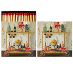 A row of red-tipped Hester & Cook Box of 60 Matches sits above two identical images of a decorative bar cart with bottles, lemons, and flowers against a patterned wall.