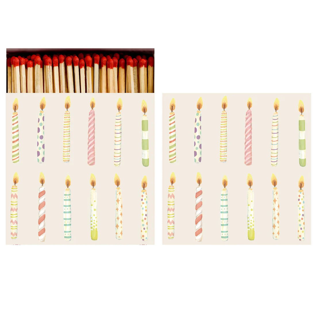 A Hester & Cook Box of 60 Matches with red tips rests above two rows of lit, striped and patterned birthday candles on a light background.