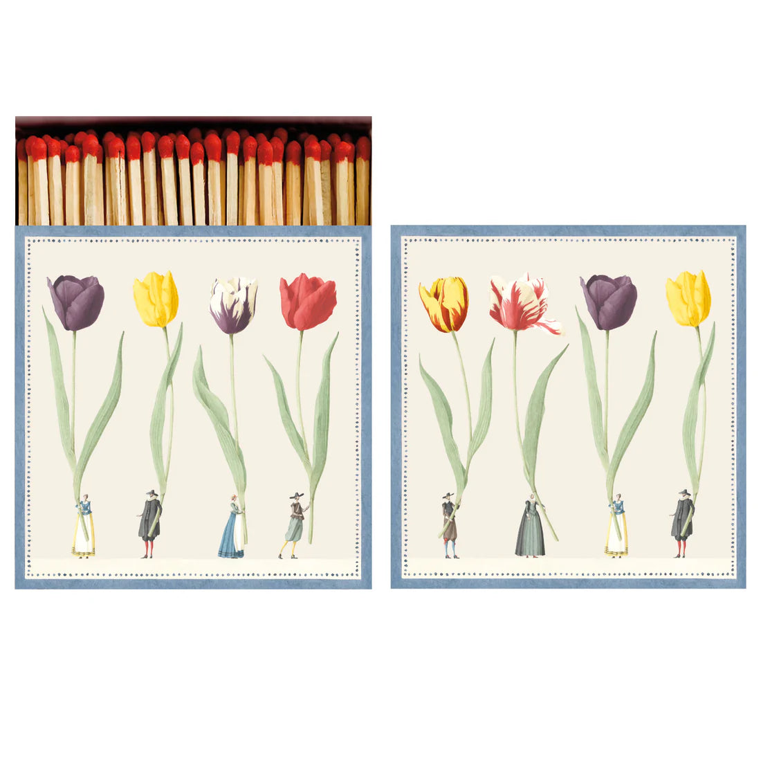 The Hester & Cook Box of 60 Matches features a charming floral design with tall tulips and vintage-clad figures at the base—ideal for lighting candles during festive celebrations.