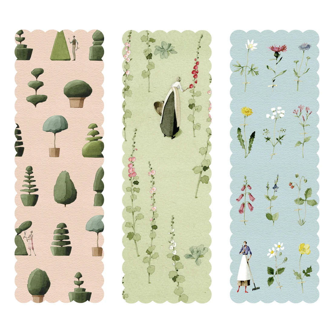 The Hester & Cook Bookmark Set Collection features three panels: people trimming topiary, tending tall blooms, and gardening among wildflowers—ideal inspiration for personalizing bookmarks or bookplates.
