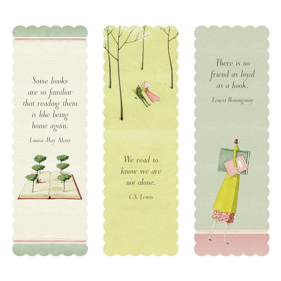 The Hester & Cook Bookmark Set Collection includes three illustrated personalized bookmarks with pastel backgrounds, each featuring book-themed quotes and simple drawings of women or nature.