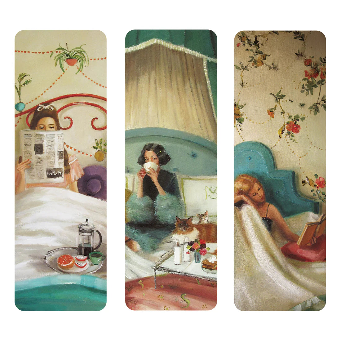 Three women in vintage bedrooms: one enjoys breakfast and a newspaper, another sips tea with her cat, while the third reads in bed using Hester & Cook's Bookmark Set Collection.