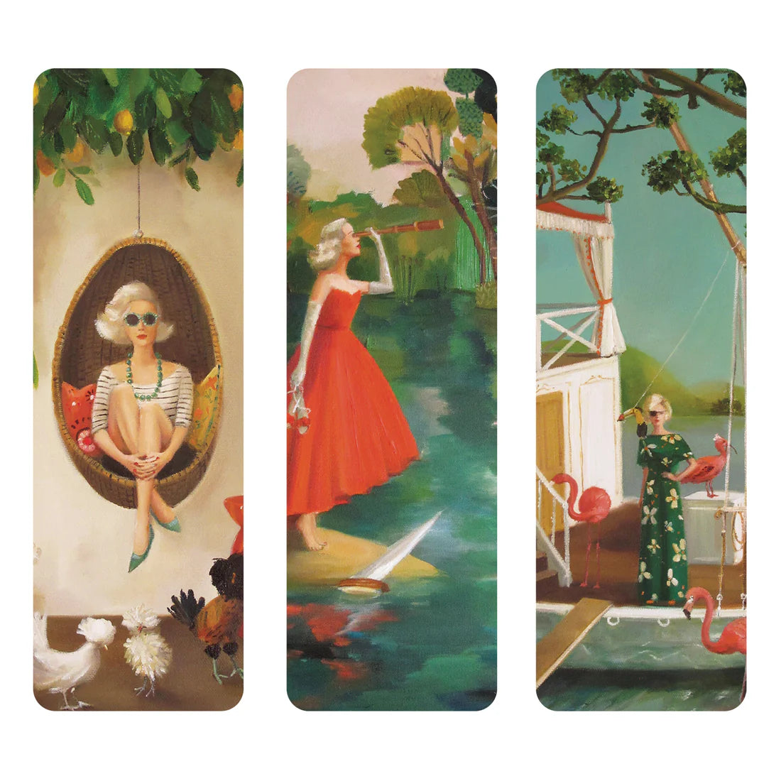 The Hester & Cook Bookmark Set Collection features three painted panels: a woman in a hanging chair, another standing on a dock with a telescope, and the third on a boat surrounded by flamingos.