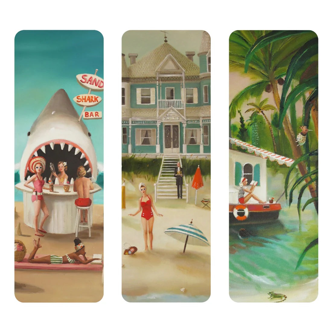 Hester & Cook's Bookmark Set Collection features vivid scenes—a beachside shark bar, a woman in red swimsuit by a mansion, and a fisherman among palms—perfect for unique bookplate designs or personalized bookmarks.
