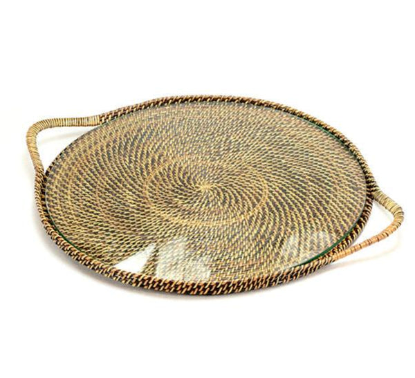 Calaisio Round Serving Tray with Glass by Calaisio, showcasing two handles and crafted with a tight spiral weave pattern.