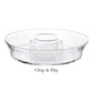 The Juliska Puro Glass Serveware Collection chip and dip platter features elegant textural lines, a central dip compartment, and a surrounding area for chips.