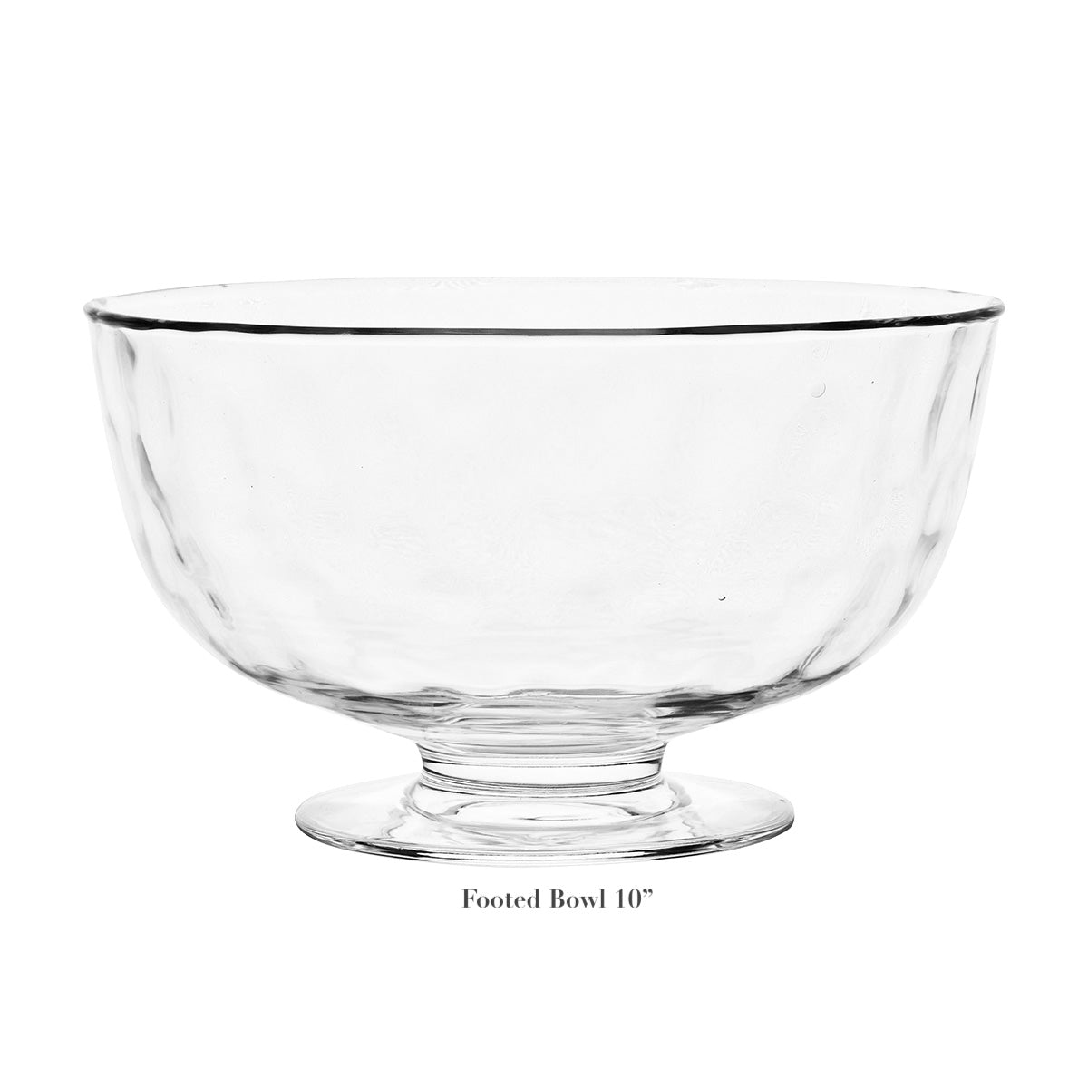 The Juliska Puro Glass Serveware Collection features a clear, footed bowl—about 10" in diameter—with subtle textural lines, crafted from mouth-blown glass. Displayed on a white background.