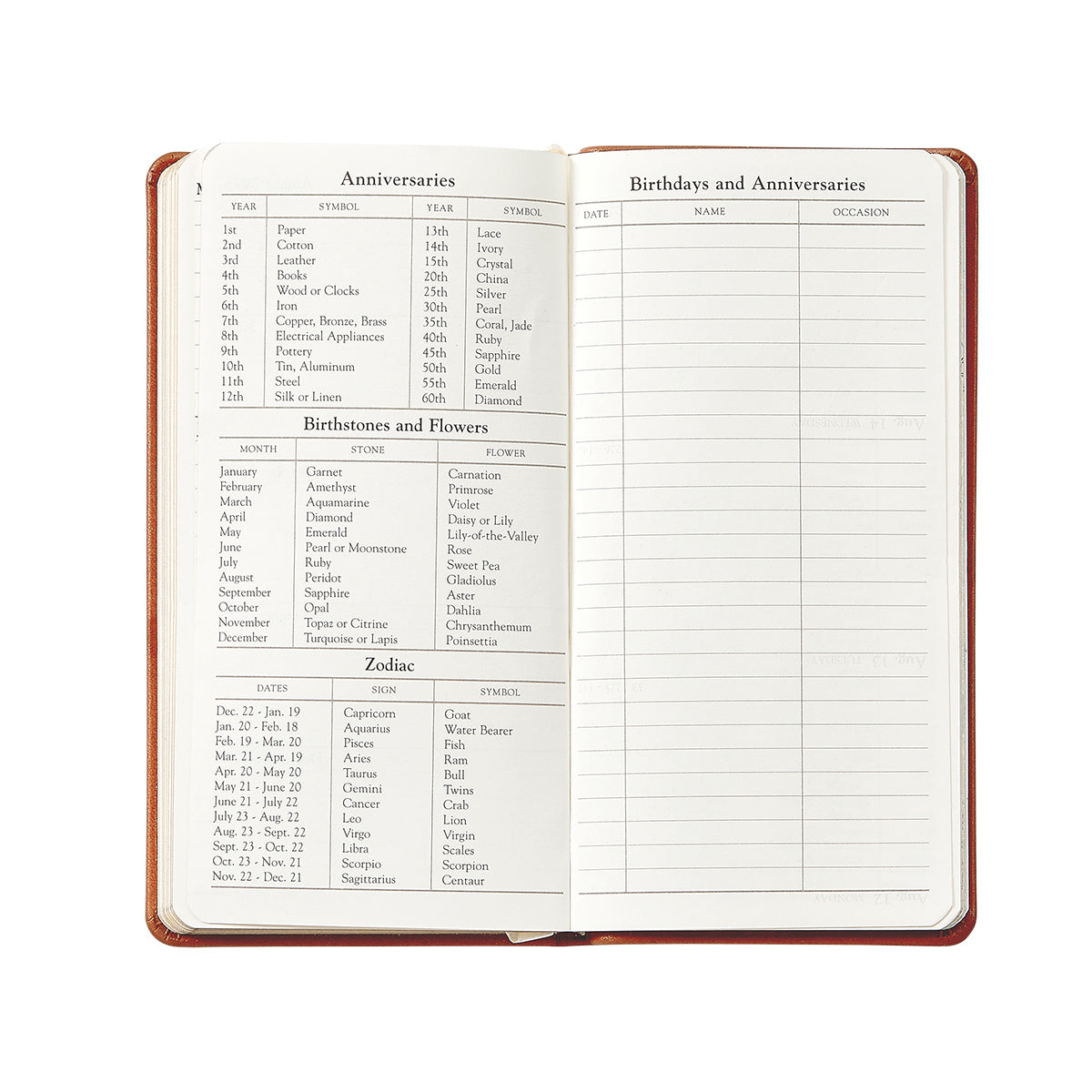The 2026 Pocket Journal Planner Collection by Graphic Image features a left page with anniversaries, birthstones, flowers, and zodiac signs, and a right page with a blank table for tracking birthdays and anniversaries.