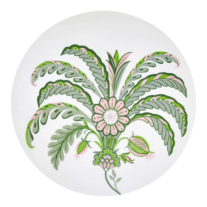 The Addison Ross Palm Beach Placemat features a central floral design with green leaves and pink accents on white—ideal for adding decorative flair to your luxury table décor collection.