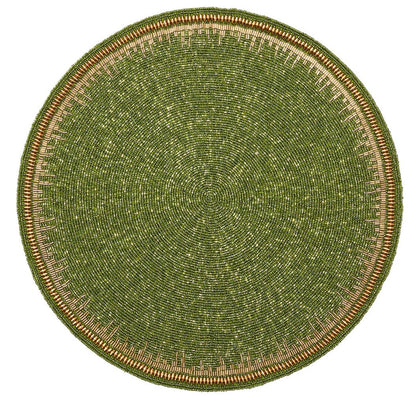 The Enamor Placemat by Kim Seybert is a round, green beaded placemat with a textured glass bead surface and a gold and tan border—ideal for updating your spring decor.