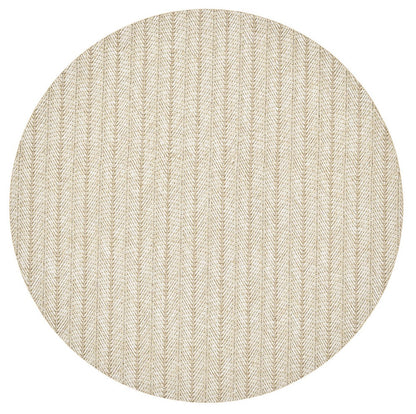 The Kim Seybert Herringbone Placemat features a round beige design with a subtle herringbone pattern and textured polyvinyl surface, ideal for spring and summer dining.