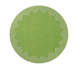 The Kim Seybert Dream Weaver Placemat features a round green woven design with a textured surface and symmetrical white accents—ideal for summer entertaining.