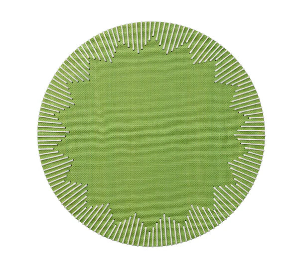 The Kim Seybert Dream Weaver Placemat features a round green woven design with a textured surface and symmetrical white accents—ideal for summer entertaining.
