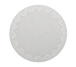 The Kim Seybert Dream Weaver Placemat is a circular white placemat with a textured surface, notched edge, and starburst center—ideal for summer entertaining.