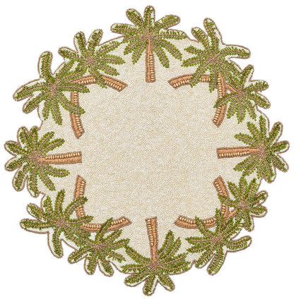 The Kim Seybert Oasis Placemat features a round, textured design with embroidered green palm trees and subtle beading, making it perfect for tropical entertaining.