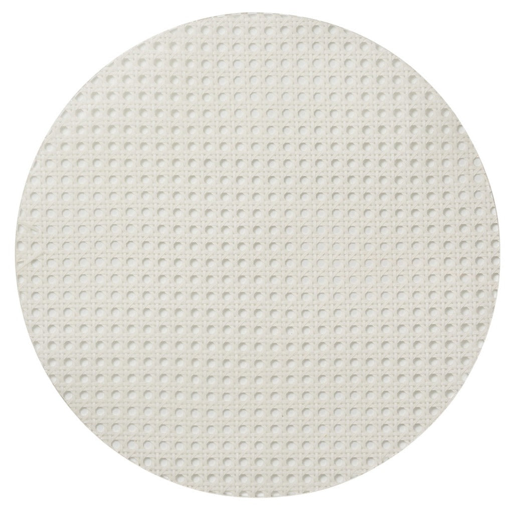 The Kim Seybert Reed Placemat features a round, flat design with a white, grid-like textured surface, resembling faux-wicker—ideal for stylish outdoor entertaining.