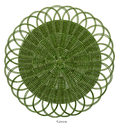 The Kim Seybert Alfresco Placemat is round, green, handwoven from faux rattan with scalloped edges, shown against a white background.