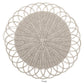 Round gray Kim Seybert Alfresco Placemat with an intricate handwoven faux rattan pattern and decorative scalloped edges, shown from above.