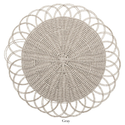 Round gray Kim Seybert Alfresco Placemat with an intricate handwoven faux rattan pattern and decorative scalloped edges, shown from above.