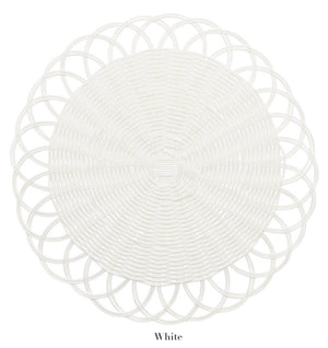 The Kim Seybert Alfresco Placemat is a round white placemat showcasing an intricate woven pattern with scalloped edges, ideal for outdoor dining.