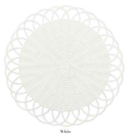 A round, handwoven faux rattan Kim Seybert Alfresco Placemat with scalloped edges is displayed on a plain white background. The word "White" appears below the placemat.