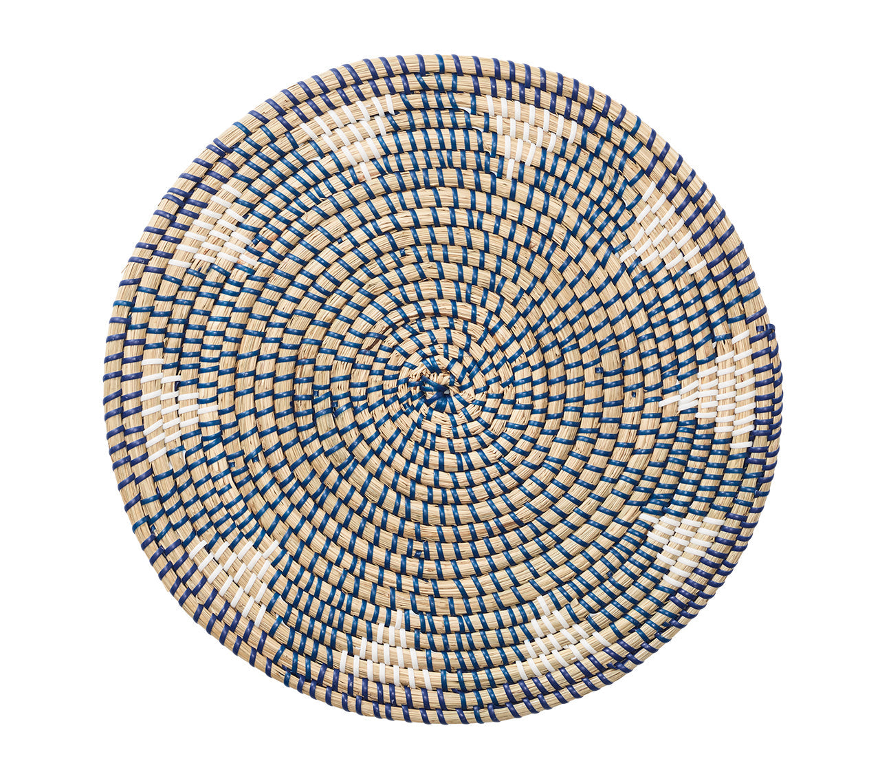 Inspired by the Kim Seybert Majorelle Placemat, this round woven basket lid is crafted from natural seagrass and showcases a geometric blue and white pattern when viewed from above.