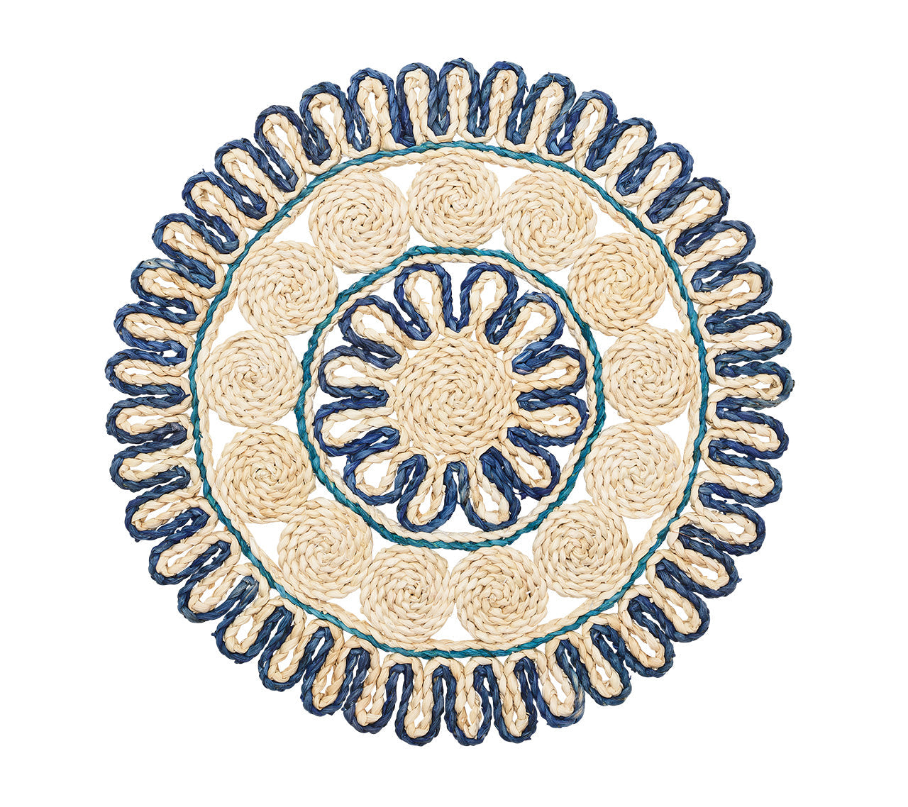 The Casbah Placemat by Kim Seybert is handwoven from green corn husk, showcasing beige and navy concentric circles with looped edges.