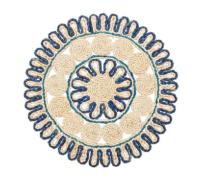 The Casbah Placemat by Kim Seybert is handwoven from green corn husk, showcasing beige and navy concentric circles with looped edges.