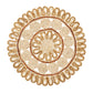 The Casbah Placemat by Kim Seybert is a handwoven round mat with an intricate braided and looped pattern in beige and light brown, set against a white background.
