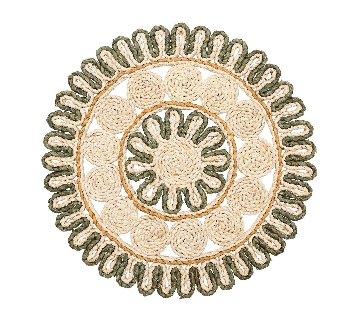 The Kim Seybert Casbah Placemat is a handwoven round design featuring concentric circles and loops, crafted from beige and green corn husk fibers.