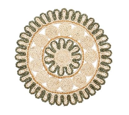 The Kim Seybert Casbah Placemat is a handwoven round design featuring concentric circles and loops, crafted from beige and green corn husk fibers.