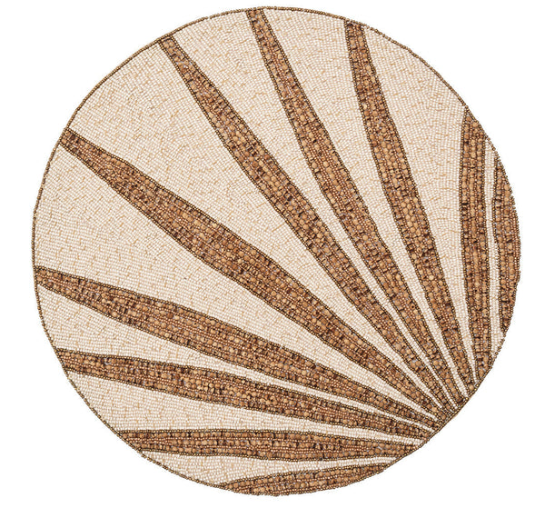 The Kim Seybert Royal Palm Placemat by Kim Seybert showcases a round, beige design adorned with brown, leaf-like radial patterns from hand-applied beads, ideal for your tropical ensemble.