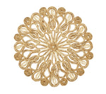 The Marisol Placemat Collection by Kim Seybert features circular woven table mats with intricate swirl and loop patterns in natural light brown fibers on a white background.