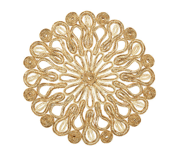 The Marisol Placemat Collection by Kim Seybert features a round, gold-colored artisan wheatgrass placemat with an intricate symmetrical looped pattern, displayed on a white background.