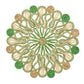 The Marisol Placemat Collection by Kim Seybert features a circular woven table mat with green and natural brown loops and coils in a symmetrical, floral-like pattern on white.
