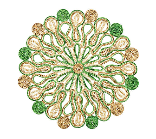 The Marisol Placemat Collection by Kim Seybert features circular artisan wheatgrass placemats with green, beige, and natural coils in a floral-inspired pattern—stylish mats that add charm to any table setting.