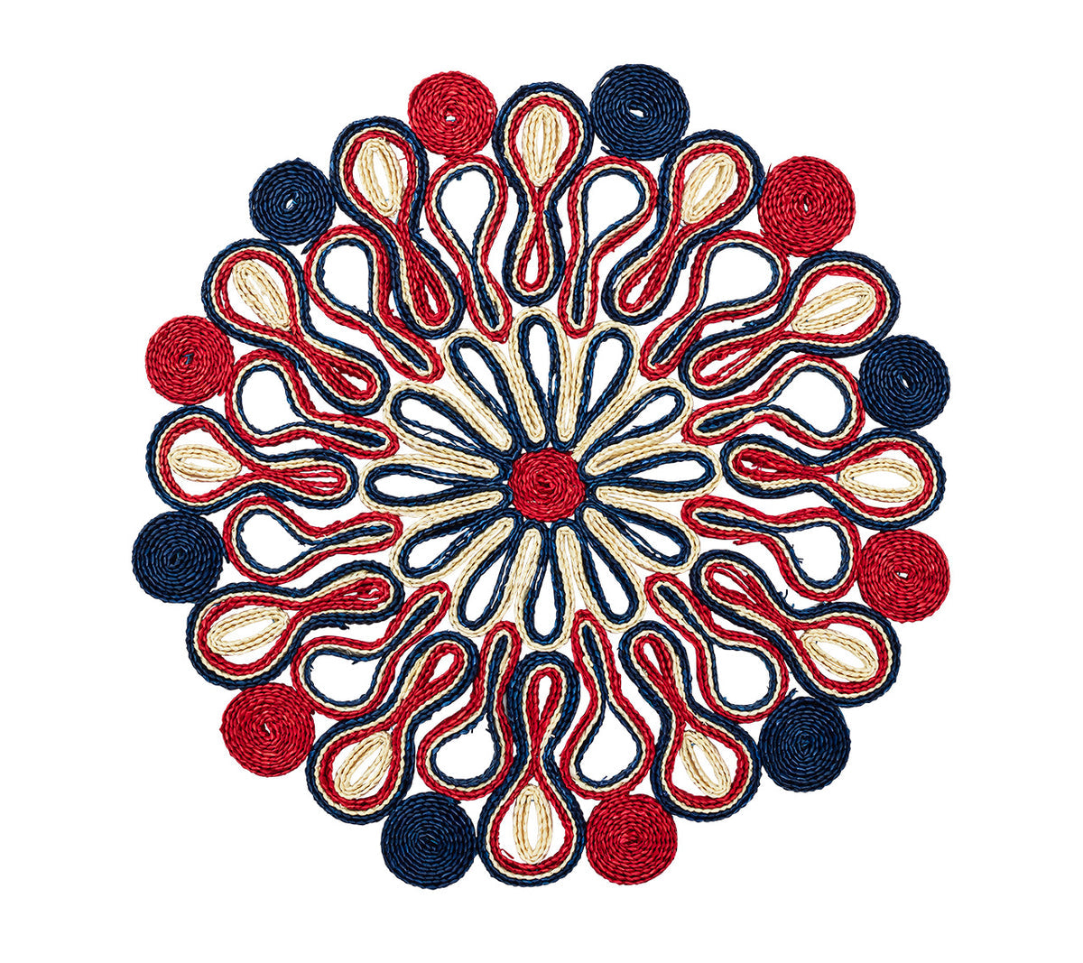 Symmetrical mandala pattern of coiled string in red, blue, and beige evokes the artisanal style of the Kim Seybert Marisol Placemat Collection, displayed on a crisp white background.