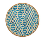 The Kim Seybert Lanai Placemat Collection features round woven lids with a blue and natural honeycomb motif, intricate patterns, and a sturdy rattan frame, all showcased against a white background.