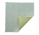 The Kim Seybert Duet Placemat offers a stylish rectangular woven design—blue and beige on top, with a reversible green and beige pattern underneath.