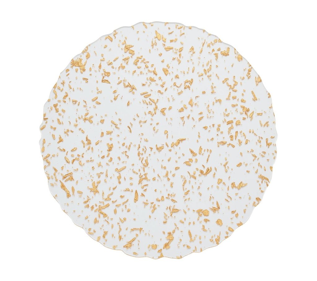 The Kim Seybert Stardust Placemat Collection features round white placemats with irregular gold flecks, hand-crafted to elevate any table setting. Viewed from above against a white background, they bring a stunning touch to your décor.