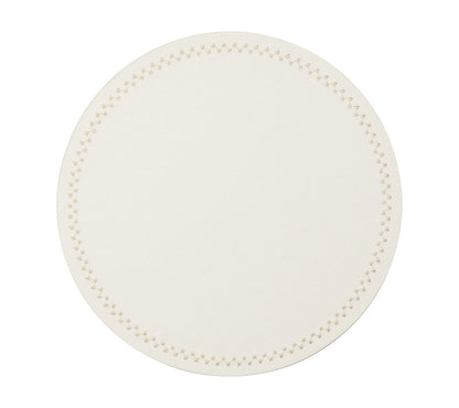 The Kim Seybert Starry Night Placemat Collection features round, white placemats with subtle texture, gold cross-stitch borders, and metallic trim—combining elegance and practicality for any table setting. Easy to clean.