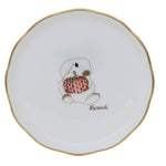 Introducing the Pumpkin Bunny Coaster by Herend: a durable porcelain coaster with a white finish and gold rim, adorned with a hand-painted illustration of a rabbit holding a patterned orange pumpkin, and “Herend” inscribed beneath the design.