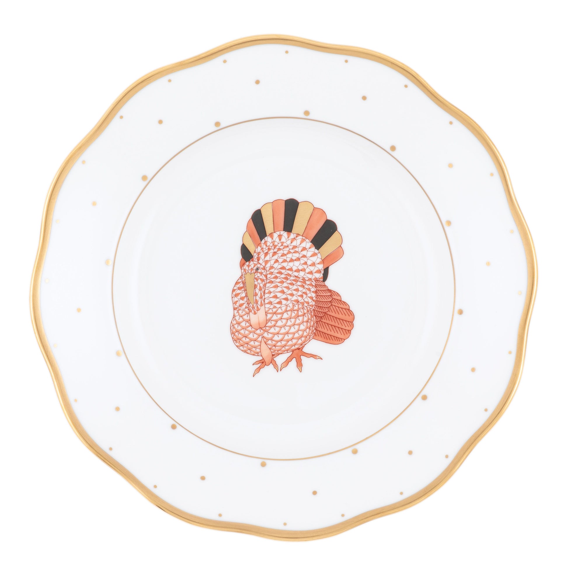 Add autumn charm to your table this harvest season with the Herend Fall Dessert Plate, featuring a white base accented by a gold rim, delicate gold dots, and a central illustration of a turkey.