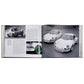 The open book, "Porsche 70 Years: There is No Substitute," by Graphic Image, displays black-and-white images of vintage cars and accompanying text. Randy Leffingwell provides insights into automotive history, with two classic white Porsches prominently featured on the right page.