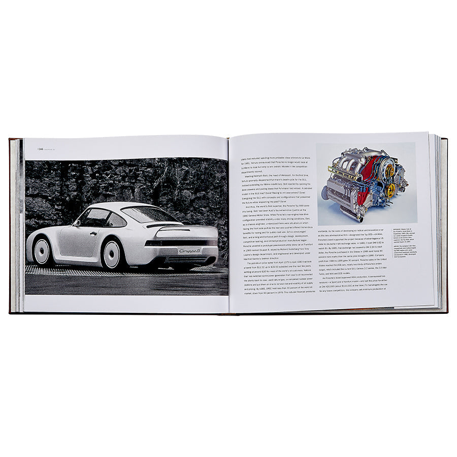 An open book titled "Porsche 70 Years: There is No Substitute" by Randy Leffingwell, from Graphic Image, showcases a black and white image of a Porsche sports car on the left page and a detailed colored illustration of an engine with accompanying text on the right page, capturing a moment in automotive history.
