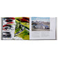 A spread from the book "Porsche 70 Years: There is No Substitute" by Graphic Image features car design sketches on the left page and a stunning photo of a silver Porsche sports car against a backdrop of majestic mountains on the right, capturing a pivotal moment in automotive history.