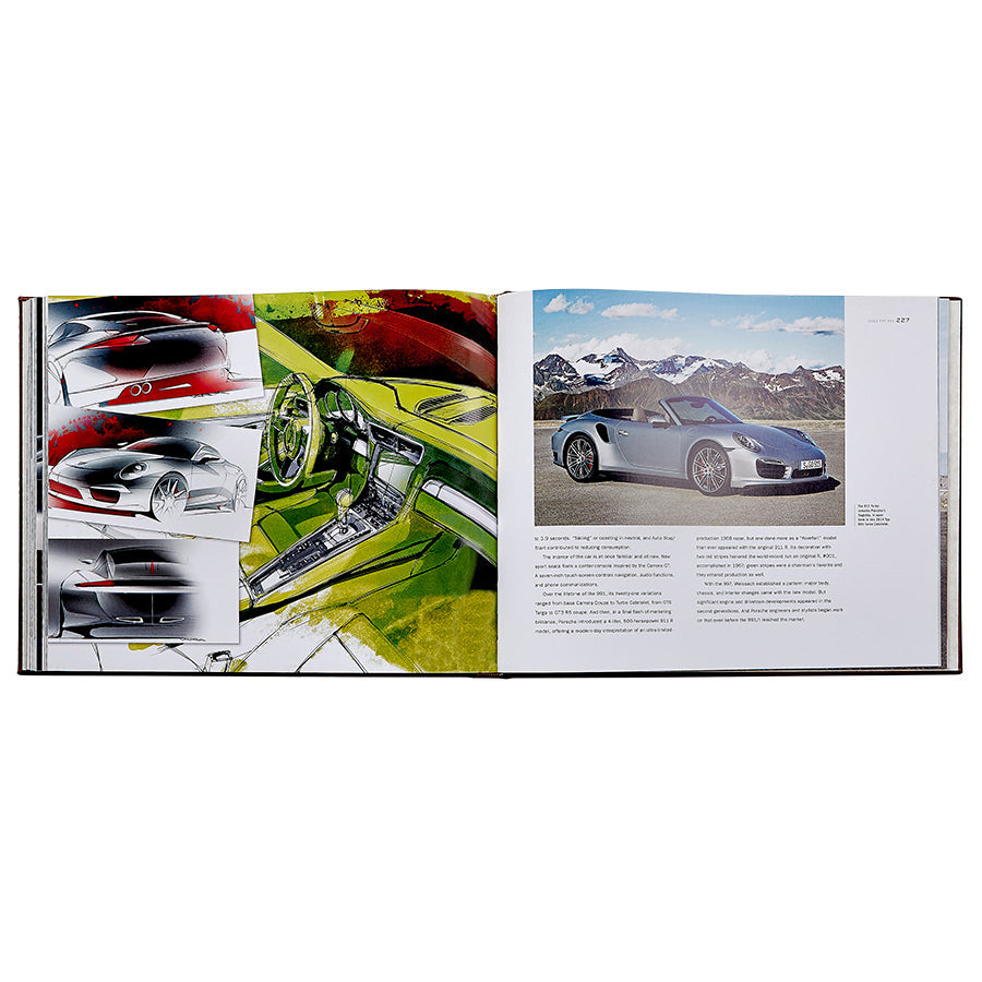 A spread from the book "Porsche 70 Years: There is No Substitute" by Graphic Image features car design sketches on the left page and a stunning photo of a silver Porsche sports car against a backdrop of majestic mountains on the right, capturing a pivotal moment in automotive history.