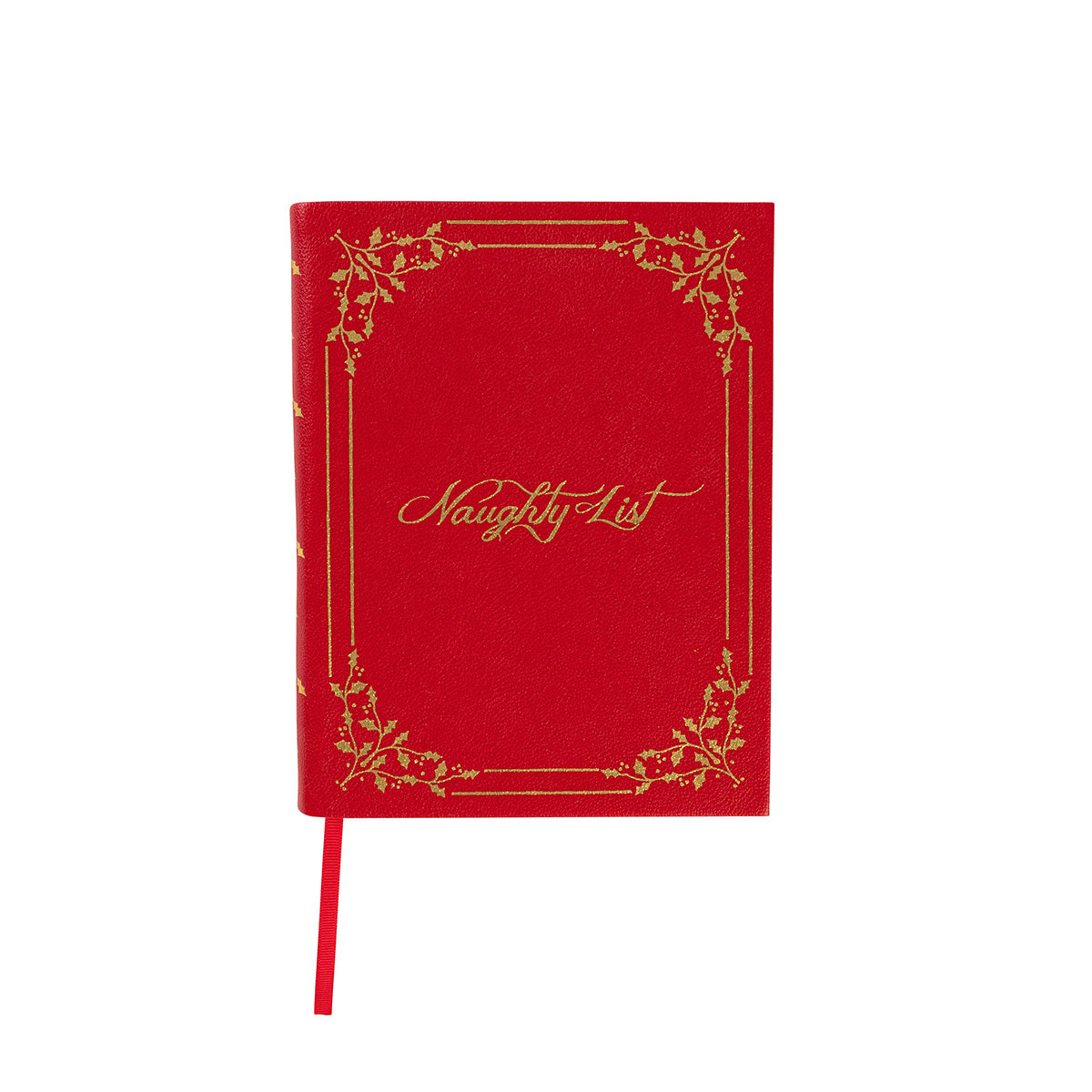 The Juliska Naughty/Nice Embossed Journal features "Naughty List" in gold script with a gold border on ruby red vegan leather, plus a matching red ribbon bookmark.