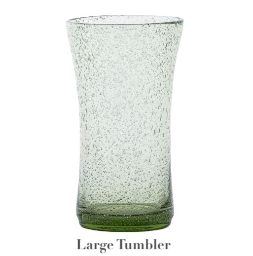A tall, slightly flared light green tumbler from Juliska’s Provence Basil Drinkware Collection features a textured, bubble-filled surface reminiscent of effervescent glassware; labeled "Large Tumbler" below.
