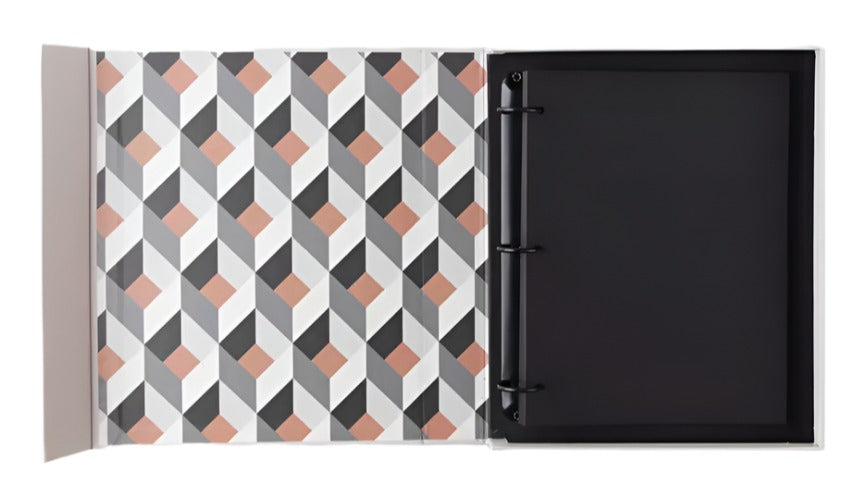 The PrintWorks Family and Friends Photo Album features a black, white, grey, and beige geometric interior and blank high-quality black photo paper for stylish photo storage.